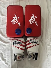 Fairtex Boxing Gloves + Muay Thai Kick Pads + Hand Wraps Set