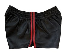 Black Leather Athletic Shorts With Red Side Strips.