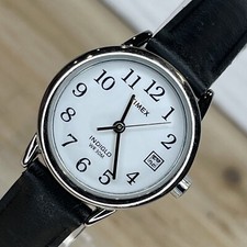 Vintage Timex Indiglo WR 30M Women's Silver Tone Black Leather Illuminates RUNS!