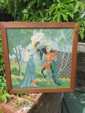 Vintage Oak  Framed, under glass  Needlepoint Medieval Scene Tapestry -20" x 20"