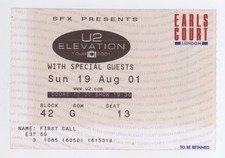 U2 8/19/01 London England Earls Court Concert Rare Ticket Stub! U-2 Bono