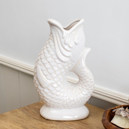 Off white fish jug vase - white,