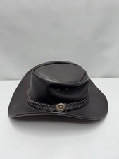 brown leather Australian-style bush or Western hat with a braided leather band.