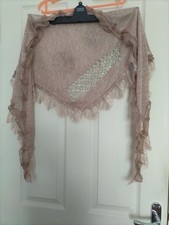 Ladies Knit Shawl, Wrap. Dusty Pink. Lacey edge.  Embroidery, stones. detail. 