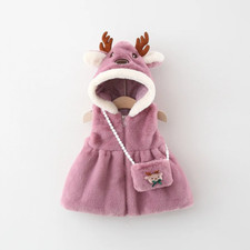 Baby Toddler Girls Furry Sleeveless Coat Top & Bag. Elk Antlers Style. 9M - 3Y