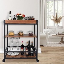 CharaVector Solid Wood Bar Cart with Wine Rack & Locking Wheels – Rustic Brown