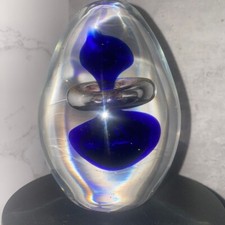 Vintage Blue & Clear Art Glass Paperweight 4.5" Swirl Design Ornament