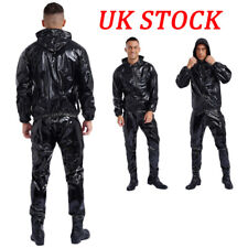 UK Unisex Mens Hooded Jacket Tops with Pants  PVC Sauna Suit Exercise Qutfits