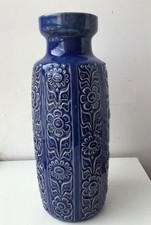 Vintage Blue Vase West Germany 12" Floral Relief Pattern VGC