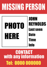 Missing person Personalised Name Contact Information Phone Details Photo Poster