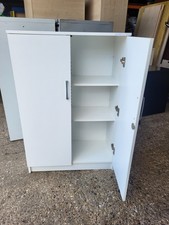 Double-Door Wood Office Storage – White Lockable Medium Cabinet with Shelves