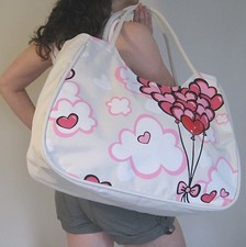 BEACH BAG Large,Red Balloons,Hearts Pink,Cream,Big,Hand