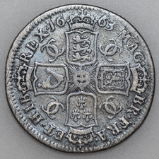 1663 CHARLES II SHILLING, 1ST BUST, COIN DIE AXIS, BRITISH SILVER COIN, FINE