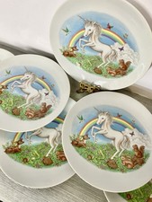SET OF SIX VINTAGE 1970’s PAPEL JAPAN PLATES W/Uncorn AND NATURE Scenes 8”