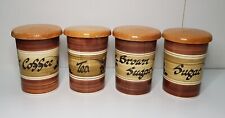 SET OF 4 RAYMOND POTTERY TEA COFFE SUGAR CERAMIC STORAGE CANISTER JAR WOODEN LID