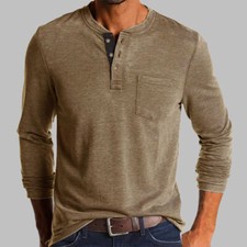 Mens Casual Long Sleeve T-shirt Henley Grandad V Neck Button Solid Tee Shirt Top