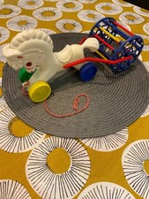 Vintage Plastic Toy Pull Along Horse with trailer and bell 1960’s