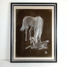 Original White Charcoal Freehand Drawing Horse Mare & Foal Framed Art Signed MJB