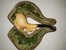 Hand Carved Antique Real Meerschaum Pipe Lady Girl In Dress Stem & Case Vintage