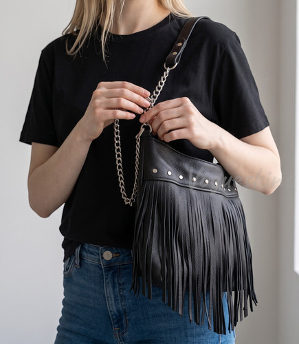 Black leather fringe - black,