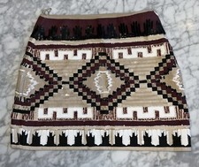 ZARA SHORT SKIRT PRINTED EMBROIDER BEAD SEQUIN MINI SKIRT SIZE XS Beige Burgundy