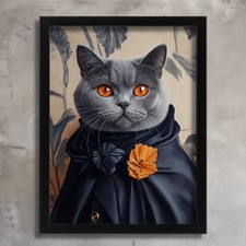 Grey British Shorthair Cat Print Elegant Cat Portrait Wall Art Dapper Feline Art
