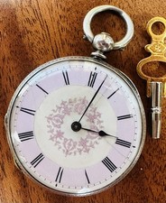 Pocket Watch, Rare Pink Dial, c.1890.  Silver, 39mm, With Key.  Leumas Geneve.