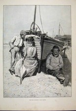 Original Old Antique Print 1890 Fisherman Boat Woman Child Beach Scene Fine Art
