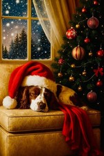 A4 Festive Springer Spaniel dog sleeping Christmas Santa hat wall art prints