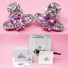 Vivienne Westwood Earrings Silver Tone Heart Orb Studs Pink Crystal Gift Box Set