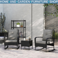 3 Piece Rattan Bistro Set with Rocking Chairs & Coffee Tabl Outdoor Garden Black