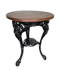 Vintage Iroko Wooden Top Cast Iron Black Base Bistro Table - Circular Table