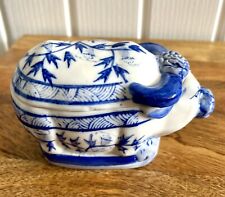 Vintage Chinese Ox Oxen Cow Bull Porcelain Lidded Pot Blue White China 5” x 3.5”