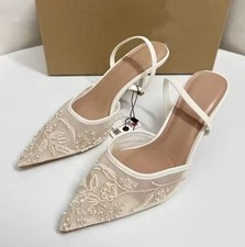 Designer White Embroidered Flowers Mesh Back Strap High Heel Pumps for Women