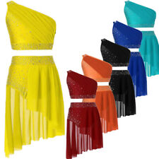 UK Girls Rhinestone Crop Tops Skirt Set Leotard Dance Outfits Lyrical Dress