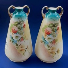 Victorian Porcelain Vase Pair Botanical Decoration With Loop Handles c.1900