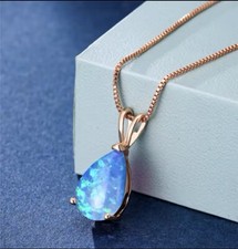 9ct Rose Gold gf  Blue Opal Fire Teardrop  Pendant Necklace Gift Boxed (92)