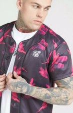 SikSilk Mens Original Baseball Jersey Black & Pink Tropical Toucan Print Medium