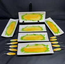 Set of 6 ~ Knobler "CORN ON THE COB" Ceramic Plates w/10 Corn Holders