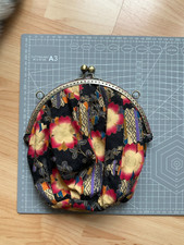 Unfinished large metal clasp frame project bag - metallic black floral fabric