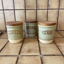 Vintage Genuine Stoneware Tea Coffee And Sugar Jars Retro Kitchen Storage
