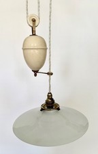 Antique original French rise & fall ceiling light opaline coolie glass shade T