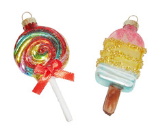 GLASS CHRISTMAS ORNAMENTS HAND PAINTED Retro Vintage Style  x 2 Quirky Unusual