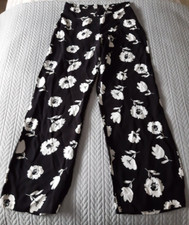 Tu Sainsburys, Black with White Flower Design - Trousers, Size 12L, Pre-owned