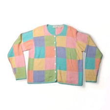 Vtg Orvis Womans Ramie Cotton  Cardigan Pastel Multicolored Block Patchwork XL