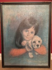 Vintage Framed Puppy Love Print On Board 1960s Louis Shabner Kitsch Tretchikoff