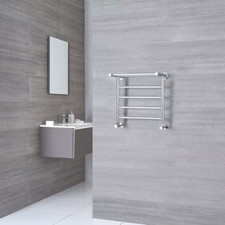 Chrome heated wall mounted towel rail with shelf 532 W x 300 D x 494mm H