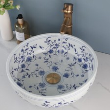 White Blue Bathroom Vessel Sink 16" Round Ceramic Basin Bowl + Antique Brass Tap