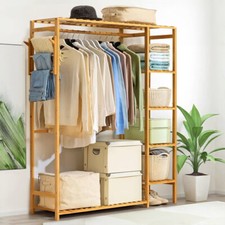 Heavy Duty Wooden Clothes Rail Rack Garment Hanging Stand Corner Open Wardrobe