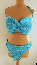 Cleo for Panache Hattie Bikini Top 38F Bottoms size XL 16 Turquoise White Hols